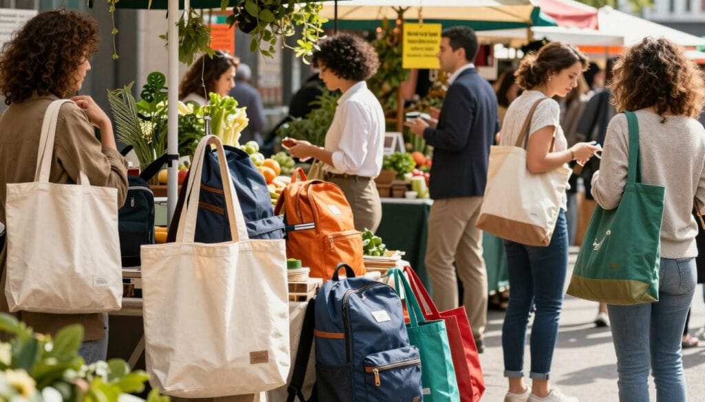 A bustling urban market scene focused on personal carry solutions designed for sustainability. In the foreground, a variety of eco-friendly bags are prominently displayed, including sturdy canvas totes, stylish backpacks made from recycled materials, and foldable shopping bags in vibrant colors. The middle ground features shoppers of diverse backgrounds, dressed in professional and casual attire, actively engaging with products. Some are carrying their chosen bags while browsing fresh produce and artisan goods. The background showcases market stalls adorned with greenery and colorful signage, bathed in warm, inviting sunlight. The atmosphere is lively and vibrant, reflecting a community committed to sustainable shopping practices. The overall composition should convey a sense of innovation and practicality in personal carry solutions.