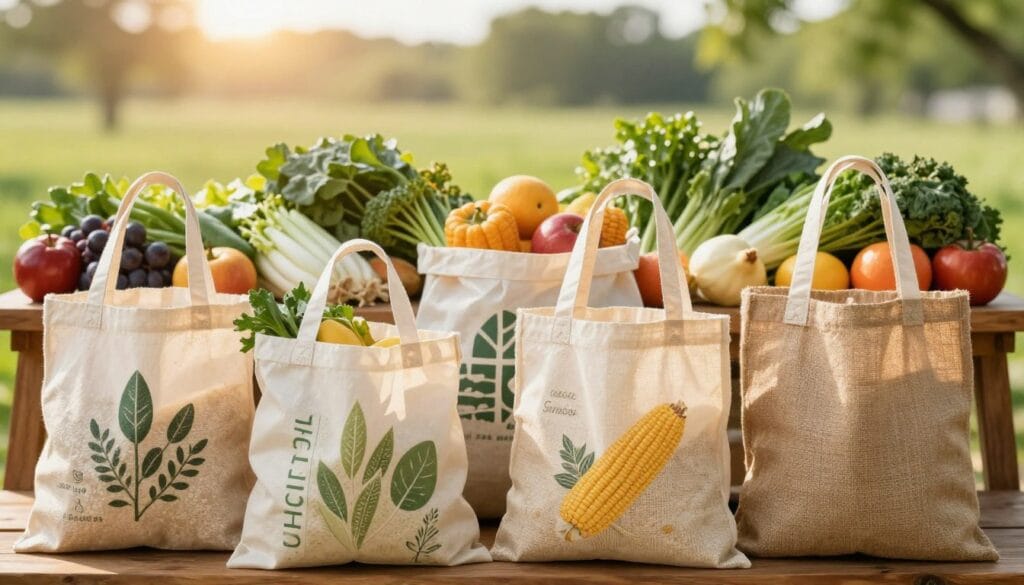A vibrant display of various biodegradable bags, positioned prominently in the foreground, showcasing their natural textures and earthy colors. These bags, made from materials like cornstarch and jute, are designed with eco-friendly patterns. In the middle ground, a wooden table filled with fresh fruits and vegetables complements the bags, demonstrating their practical use for shopping. The background features a softly blurred green landscape under gentle sunlight, suggesting sustainability and nature. The lighting is warm and inviting, creating an optimistic mood, with a focus on eco-conscious choices. The composition should convey a sense of harmony with the environment, highlighting biodegradable bags as a responsible alternative to traditional plastic.